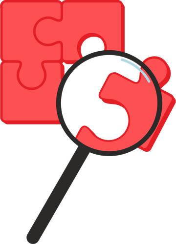 Vector drawing of red puzzle enlarged with magnifying glass