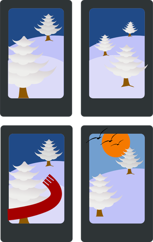 Vector graphics of winter idyll on four cards