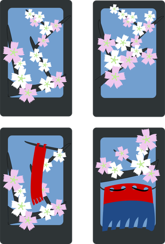 矢量图像的春天花朵田园上的四张牌