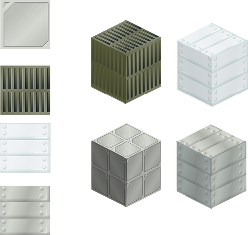 Vektor-Illustration des Satzes von metallischen Fliesen und Boxen