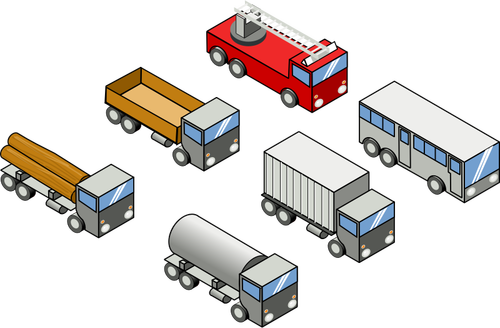 ベクター画像の 4 つのトラック、バスおよび消防トラック