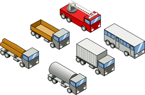 Gambar vektor empat truk, bus, dan truk pemadam kebakaran