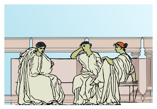 Vektorikuva naisista virtaavissa kaavuissa istumassa Rooman kaarien alla