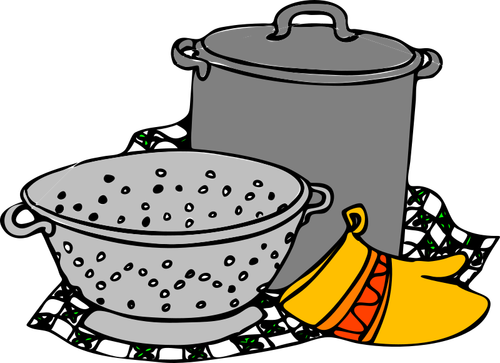 Vector illustration of cooking pot, siv and glove