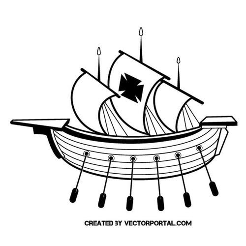 Histórico barco con velas y remos