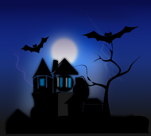 Vector clip art of spooky house with bats flying around