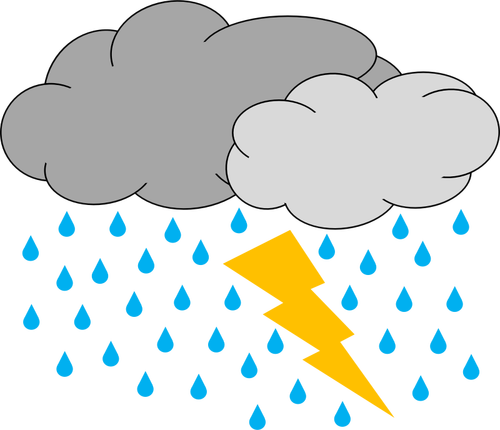 Vector afbeelding van twee wolken met regen en verlichting weerpictogram