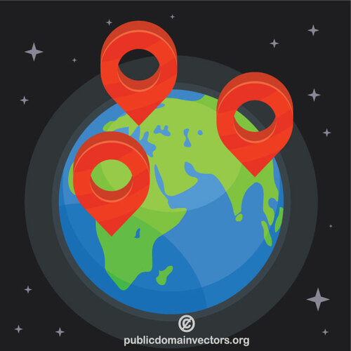 World globe location pins