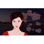 Asiatisk kvinna med blommor i bakgrunden vektor ClipArt