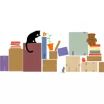Vektor ilustrasi kucing, tikus dan teddy antara kotak makan
