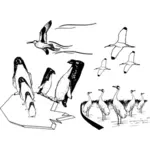 Disegno di vettore di scena di molti uccelli che volano in bianco e nero