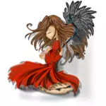 Graphiques de fille avec une robe à plumes rouge