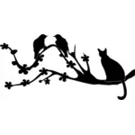树枝上的猫和鸟