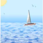 Scena di mare con illustrazione vettoriale di barca windsurf