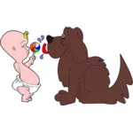 Imagem em quadrinhos de um bebê e um cachorro.