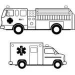 Ambulance- en brand vrachtwagen lijn kunst vector afbeelding
