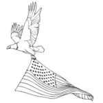 خط متجه الرسم التوضيحي الفني للطيور الجارحة في الطيران مع العلم الأمريكي
