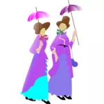 Illustrazione di due signore camminando in abiti viola