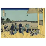 Векторная иллюстрация мужчин и женщин, глядя на гору Фудзи с террасой