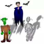 Três monstros de desenhos animados gráficos vetoriais