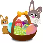 宝宝兔和复活节彩蛋篮背后的小兔子矢量图