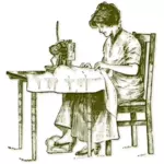 Illustration vectorielle de vintage femme cousant sur une vieille machine