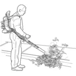 Hombre soplar hojas en dibujo vectorial calle
