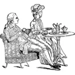 איור וקטורי של הגבר והאישה יושבת סביב השולחן