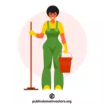オーバーオールを着た清掃サービスの女性