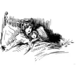 Miedo de la madre y el niño en la ilustración vectorial de cama