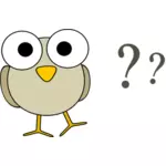 Vector tekening van grappige grijs cartoon vogel met grote ogen en enkele vraagtekens