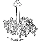 Дети танцуют вокруг кельтский крест Векторный рисунок