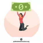 امرأة سعيدة مع الأوراق النقدية الدولار