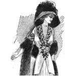 שמלה פרחונית האישה עם הכובע הגדול