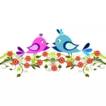 Obraz dwa cute ptaki lecące wśród kwiatów
