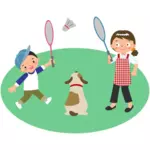 Matka hraje badmintona se synem a psem