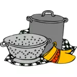 Vektorové ilustrace vaření hrnec, siv a rukavice