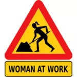 האישה ליד שלט עבודה