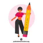 Woman holds a big pencil