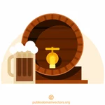 Barril de madera y un vaso de cerveza